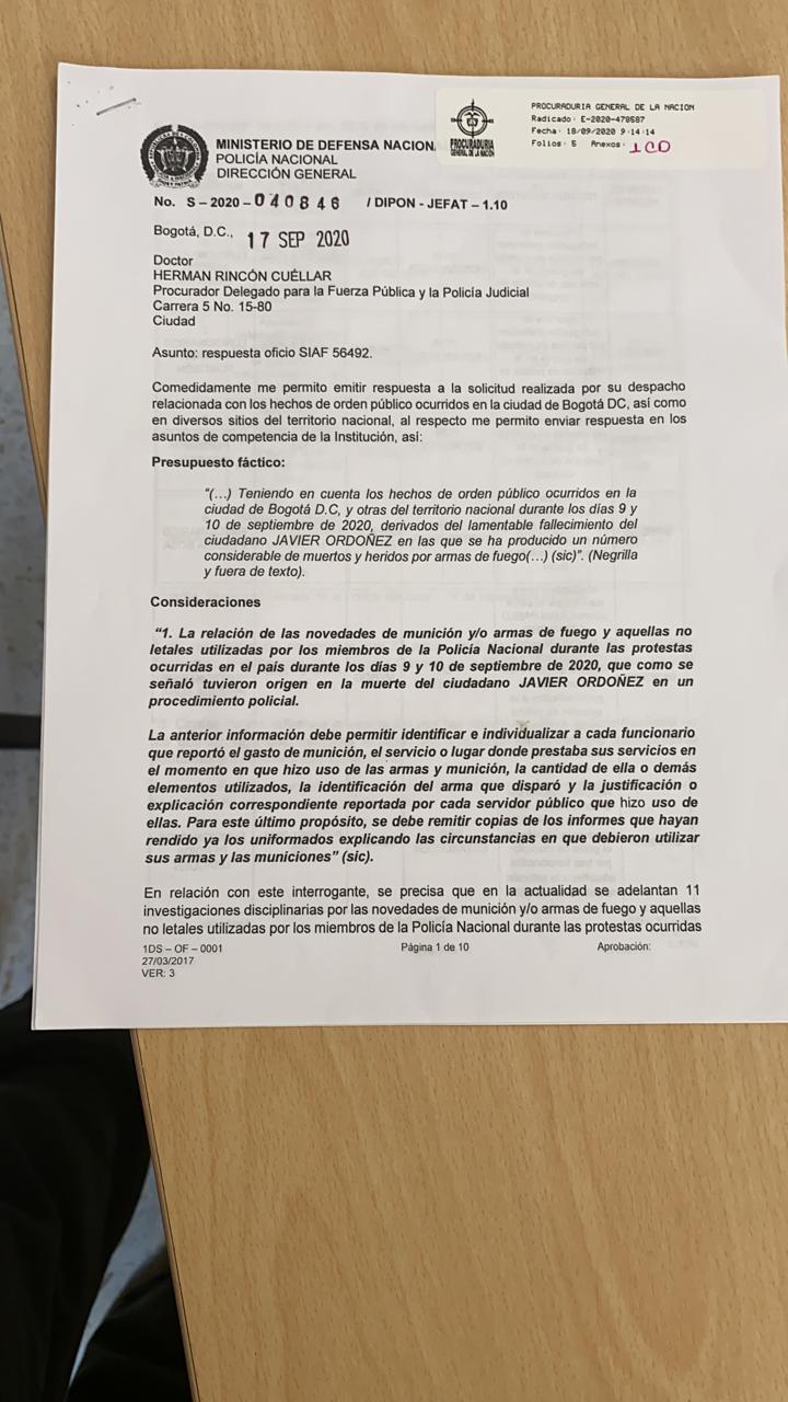 Pantallazo de carta de la Policía enviada a la Procuraduría.