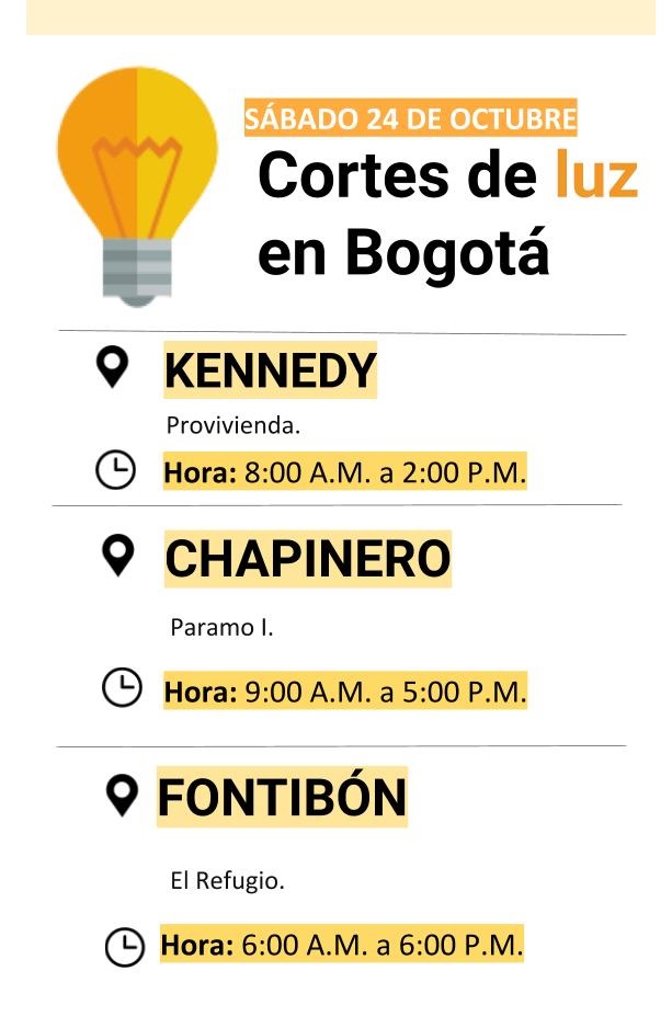 Cortes de luz para el sábado 24 de octubre