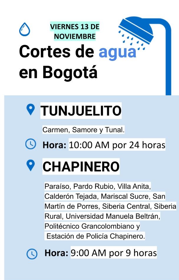 Cortes de agua para el viernes 13 de noviembre en Bogotá