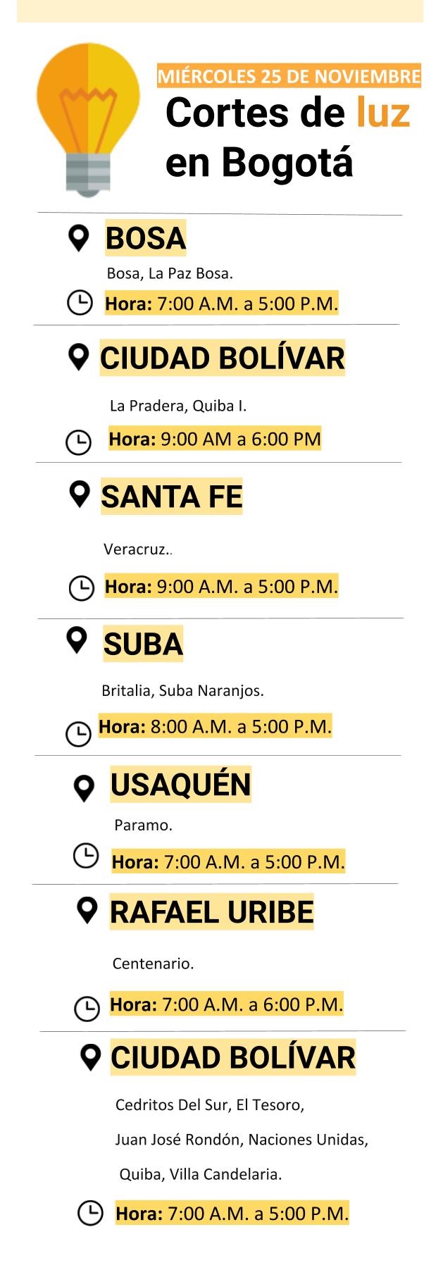 Cortes de luz para el 25 de noviembre en Bogotá