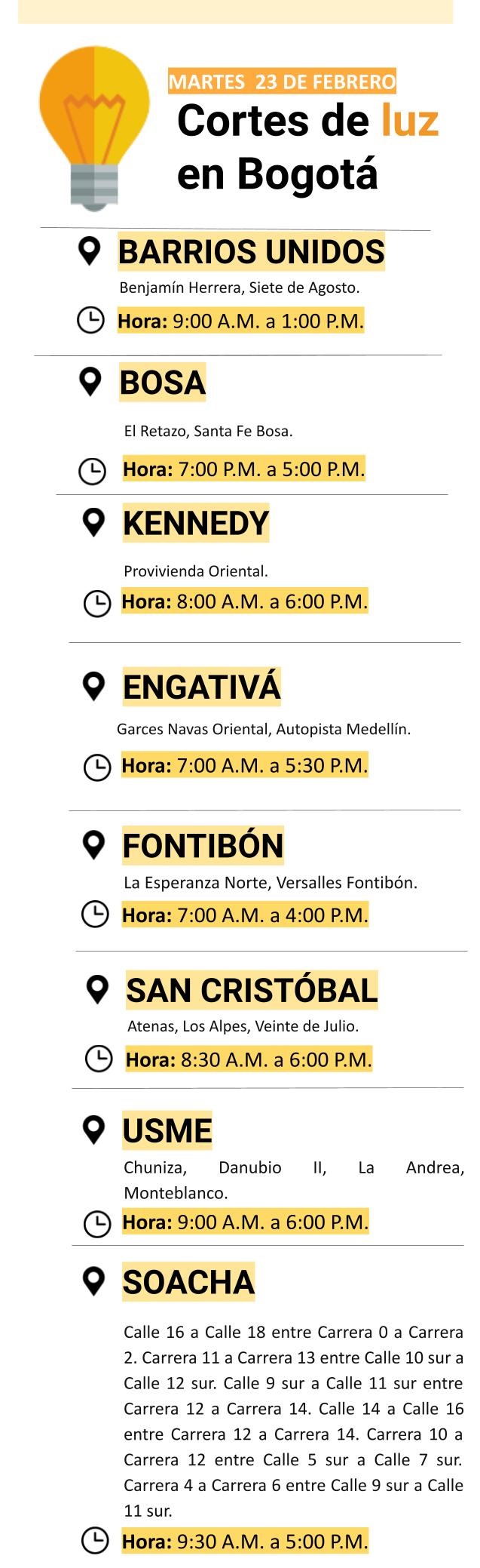 Cortes de luz para el martes 23 de febrero en Bogotá