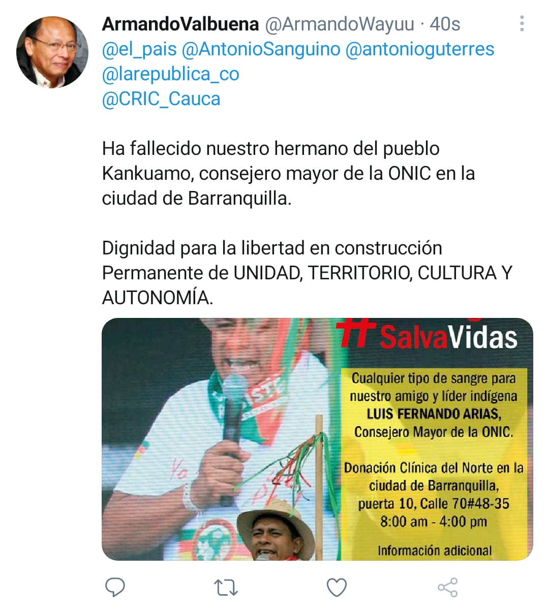 Tomada desde el perfil del líder indígena Armando Valbuena