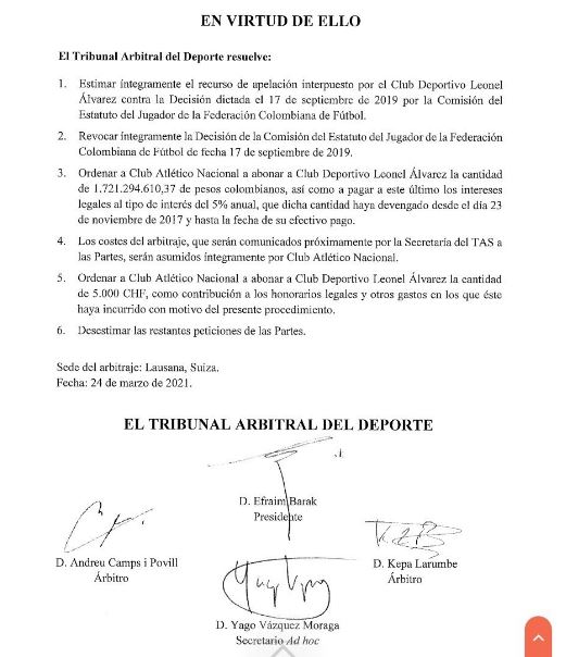 Fallo del TAS en el caso de Marlos Moreno