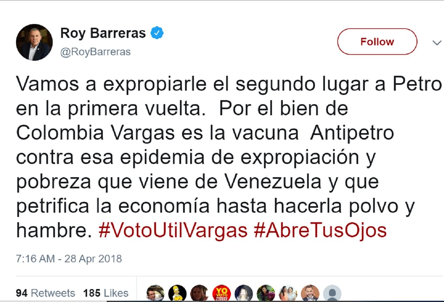 Tuit de Roy Barreras antipetro