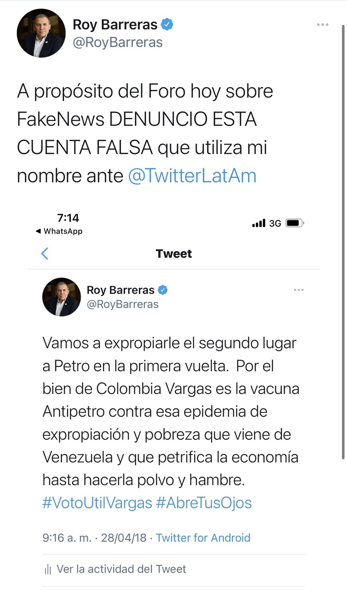 Tuit de Roy Barreras