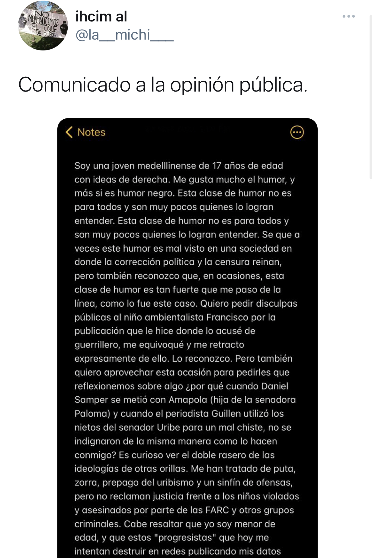 Usuaria de Twitter identificada como @la_michi_ se retractó