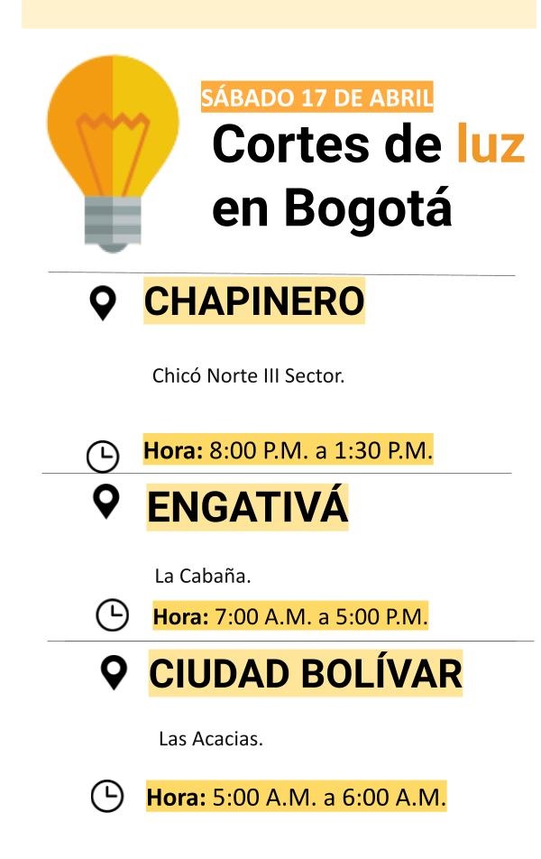 Cortes de luz para el sábado 17 de abril en Bogotá