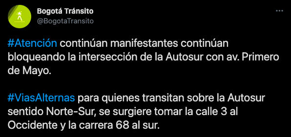 Evite el trancón Primera de Mayor 1 - cuarentena en Bogotá