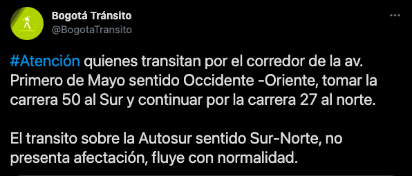 Evite el trancón Primera de Mayor - cuarentena en Bogotá