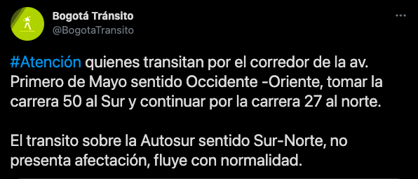 Evite el trancón Primera de Mayor - cuarentena en Bogotá