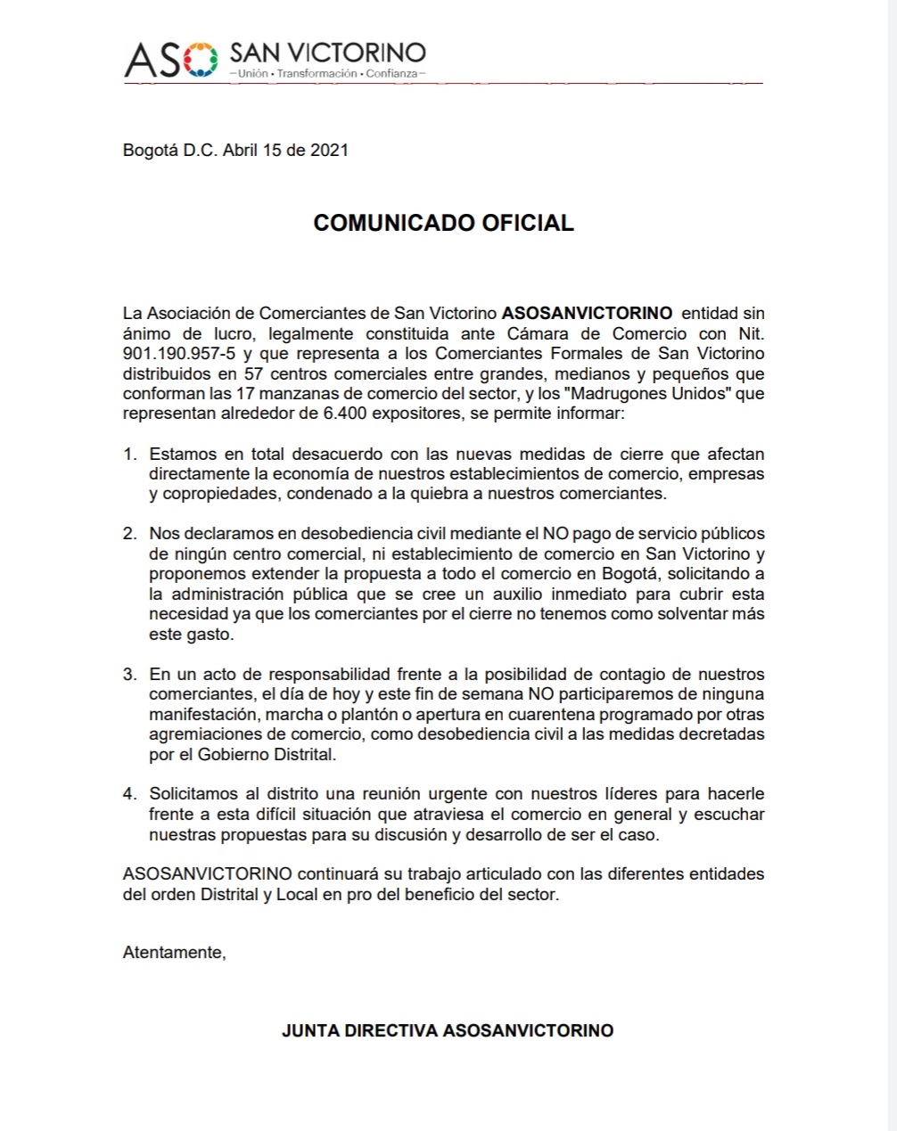 Comunicado de comerciantes de San Victorino, en medio de la cuarentena en Bogotá