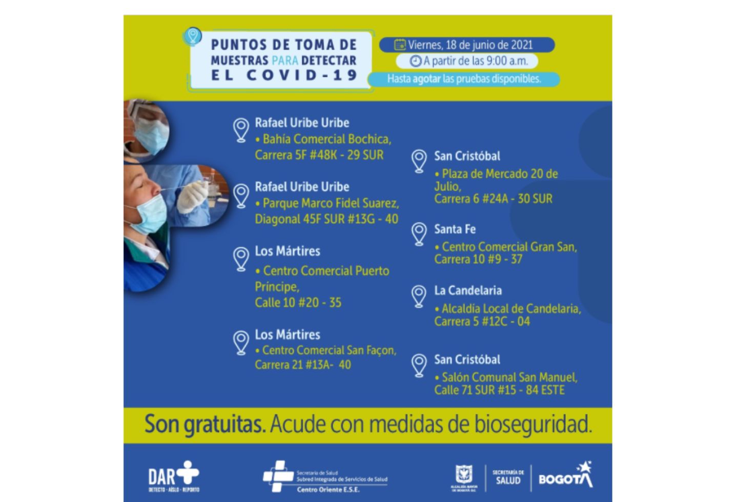 Pruebas covid en Bogotá gratis 18 de junio 2