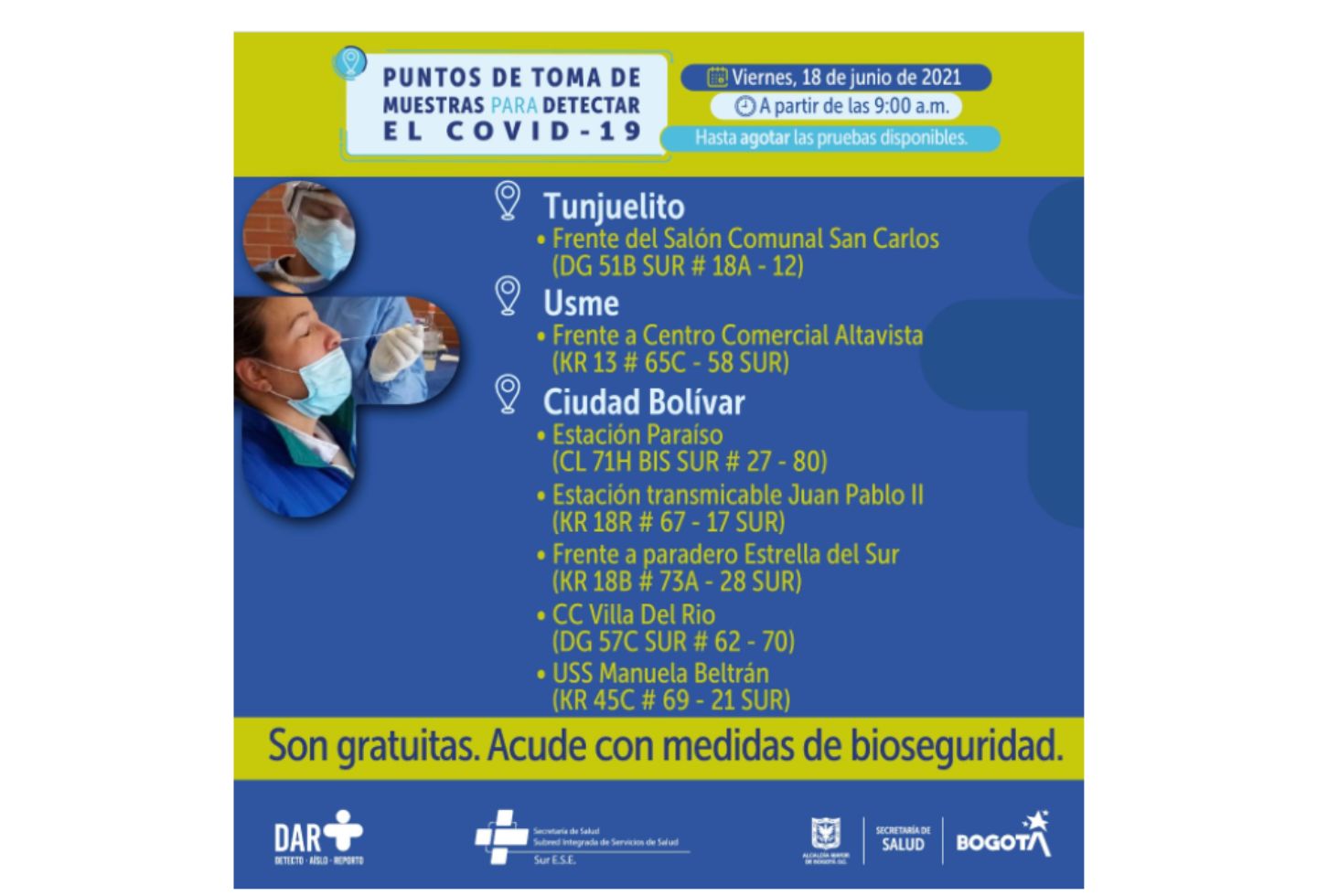 Pruebas covid en Bogotá gratis 18 de junio