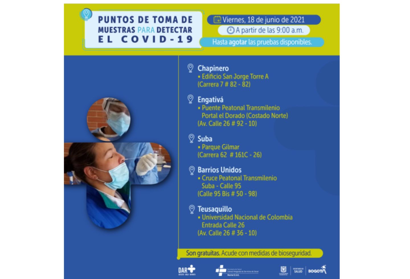 Pruebas covid en Bogotá gratis 18 de junio