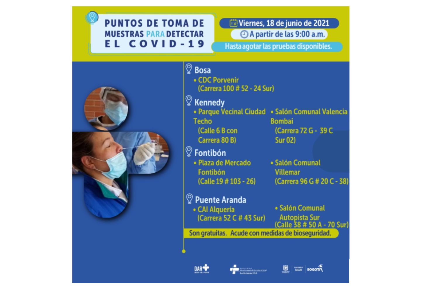 Pruebas covid en Bogotá gratis 18 de junio