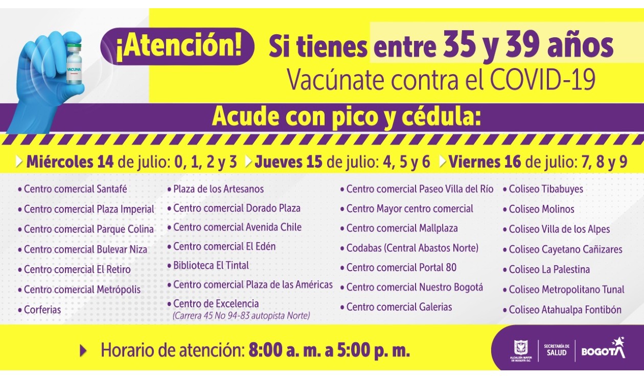 Puestos de vacunación covid en Bogotá para personas de 35 y 39 años
