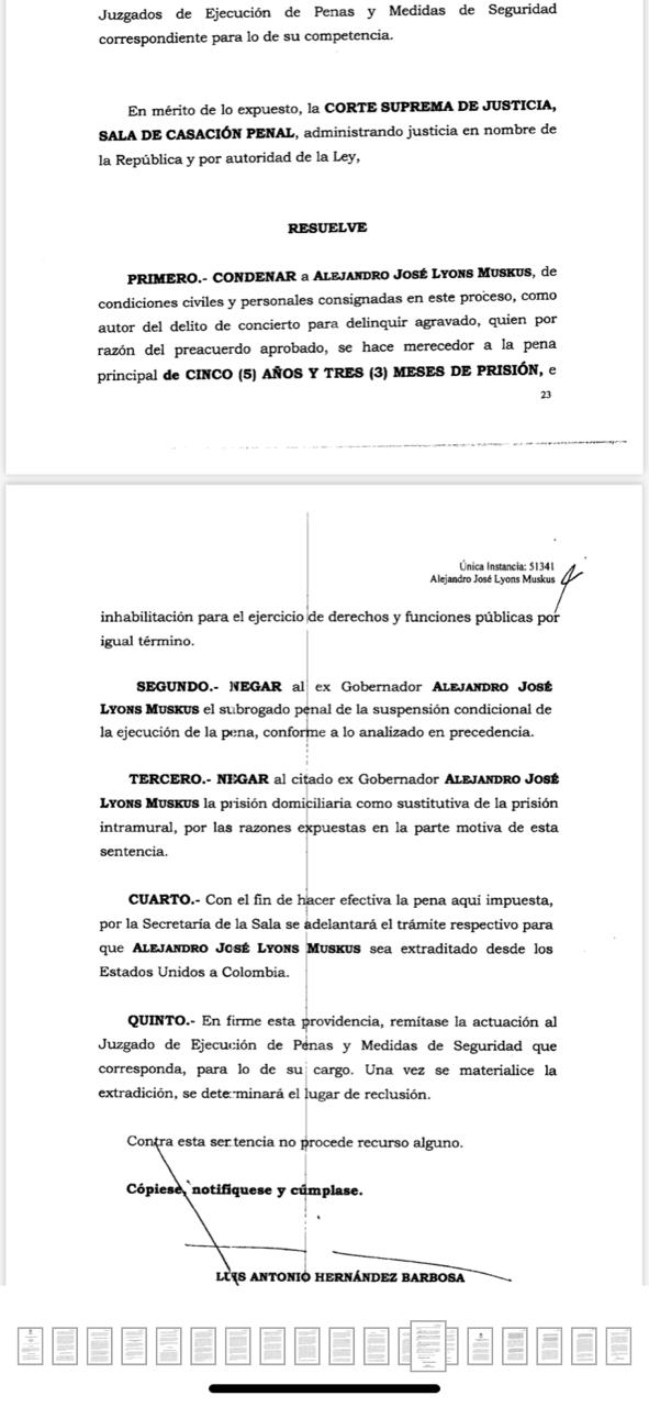 Esta es la sentencia condenatoria que un juez de la República, impuso contra el exgoberador de Córdoba