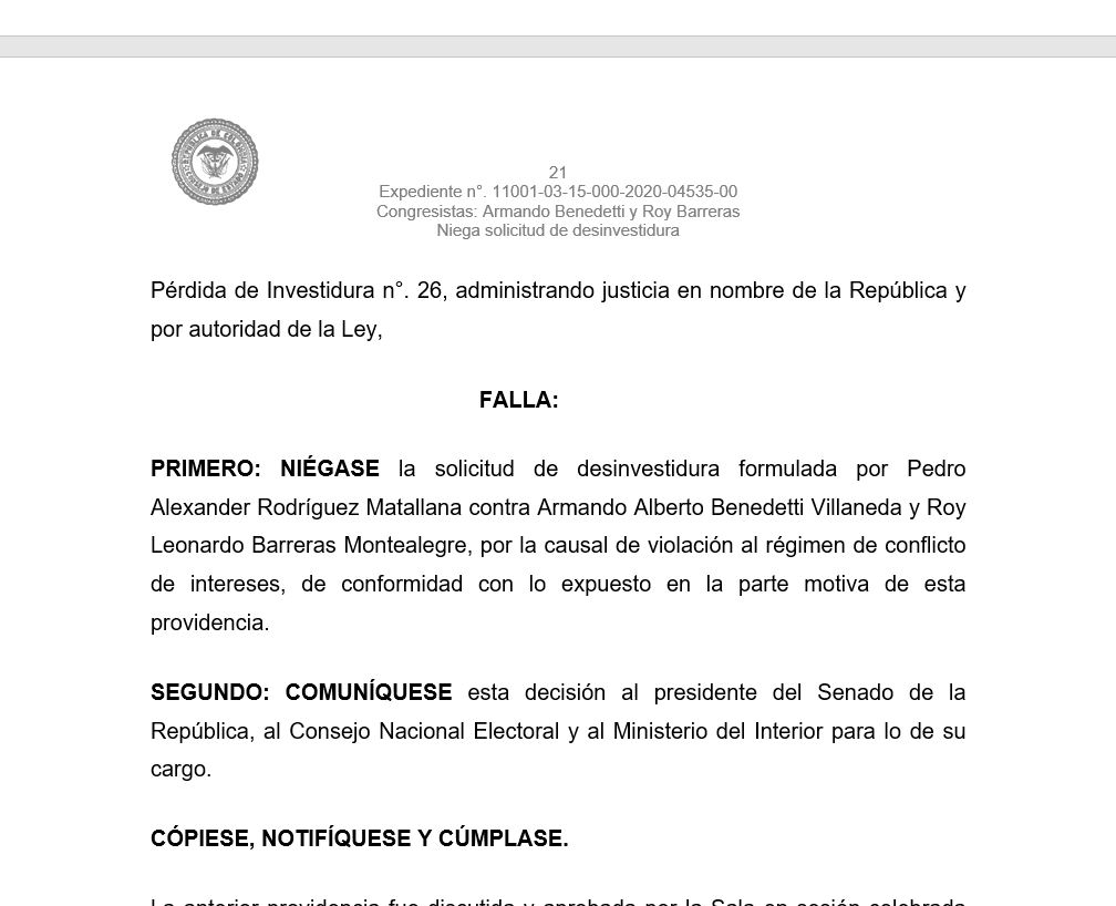 NIEGAN PÉRDIDA DE INVESTIDURA DE BENEDETTI Y BARRERAS