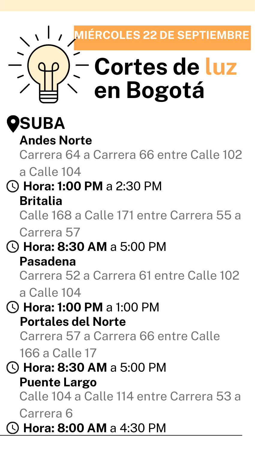 Cortes de luz en Bogotá 22 de septiembre