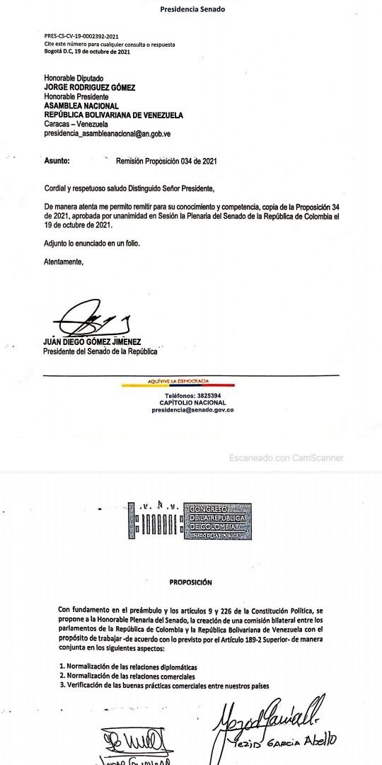 Carta del Senado colombiano al jefe del Parlamento venezolano, Jorge Rodríguez