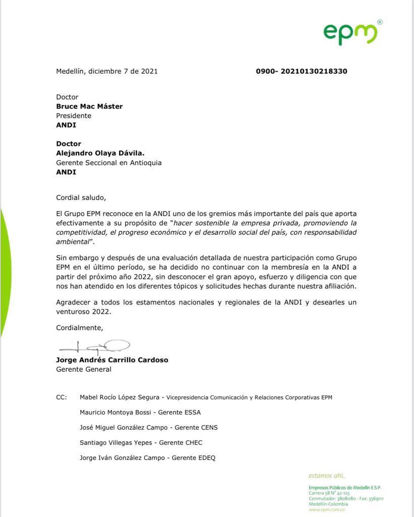 Carta enviada por EPM a la Andi.