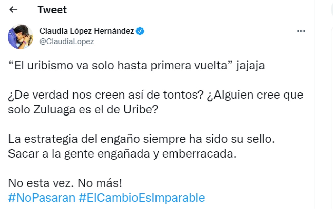 Trino de Claudia López sobre Óscar Iván Zuluaga