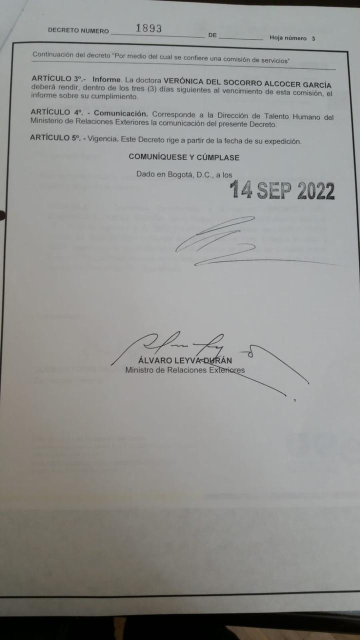 Decreto de viaje de la primera dama de Colombia, Verónica Alcocer Decreto de viaje de la primera dama de Colombia, Verónica Alcocer