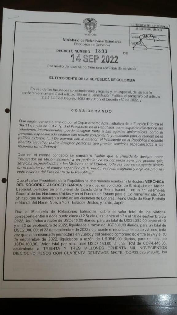 Decreto de viaje de la primera dama de Colombia, Verónica Alcocer Decreto de viaje de la primera dama de Colombia, Verónica Alcocer