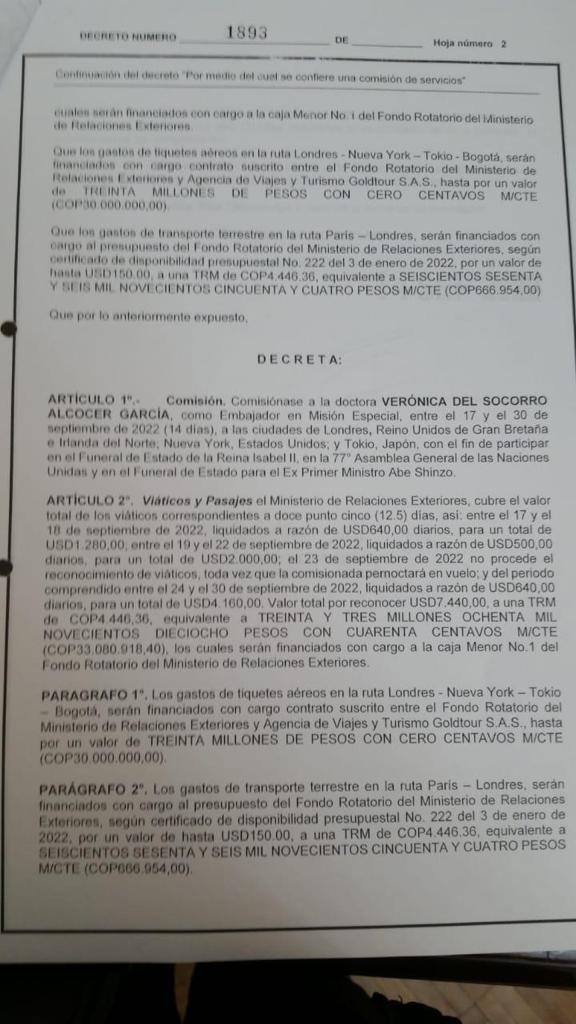 Decreto de viaje de la primera dama de Colombia, Verónica Alcocer Decreto de viaje de la primera dama de Colombia, Verónica Alcocer
