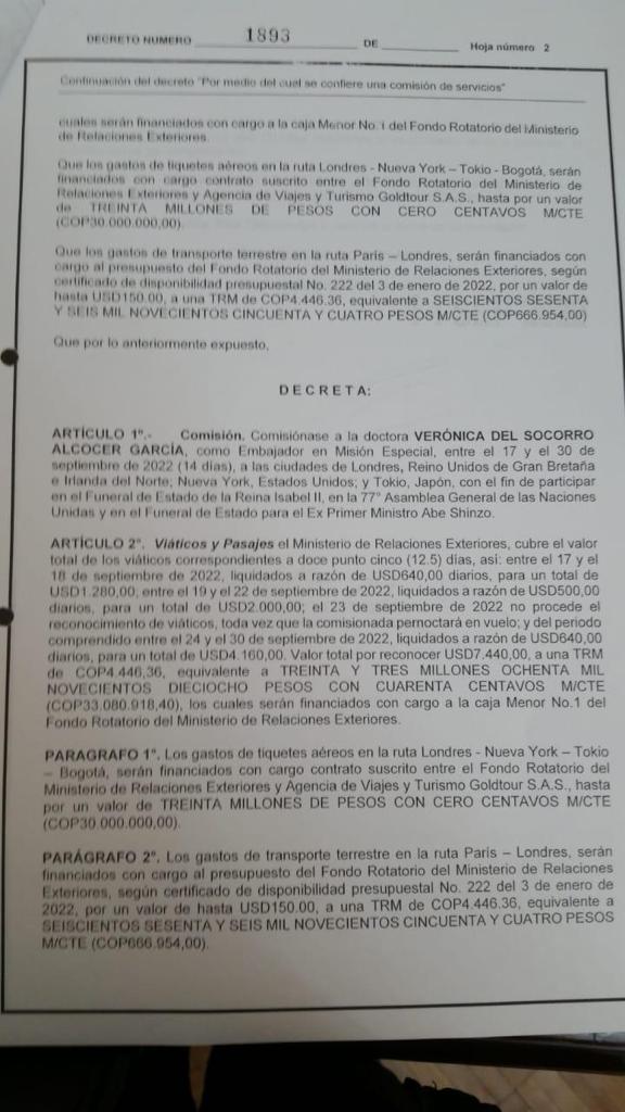 Decreto de viaje de la primera dama de Colombia, Verónica Alcocer