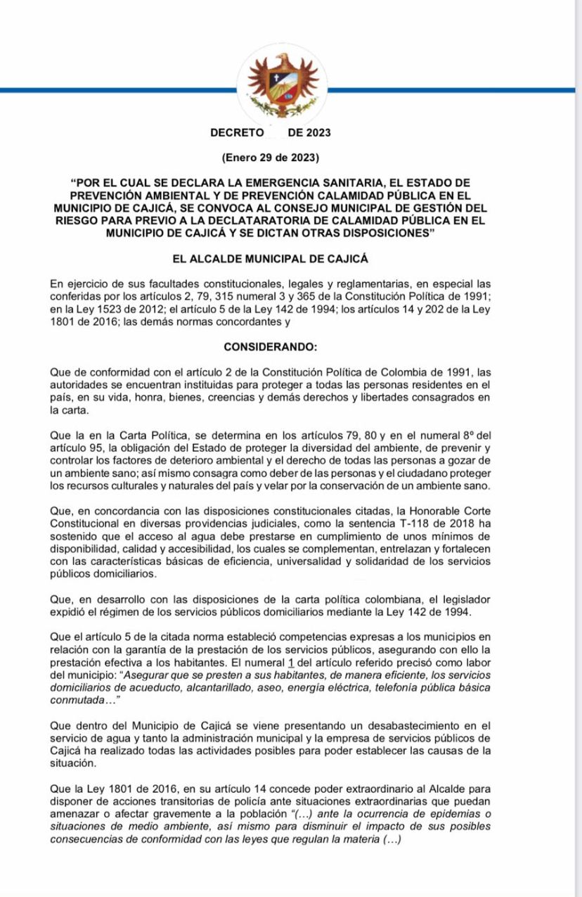 Decreto emergencia sanitaria por el agua en Cajicá