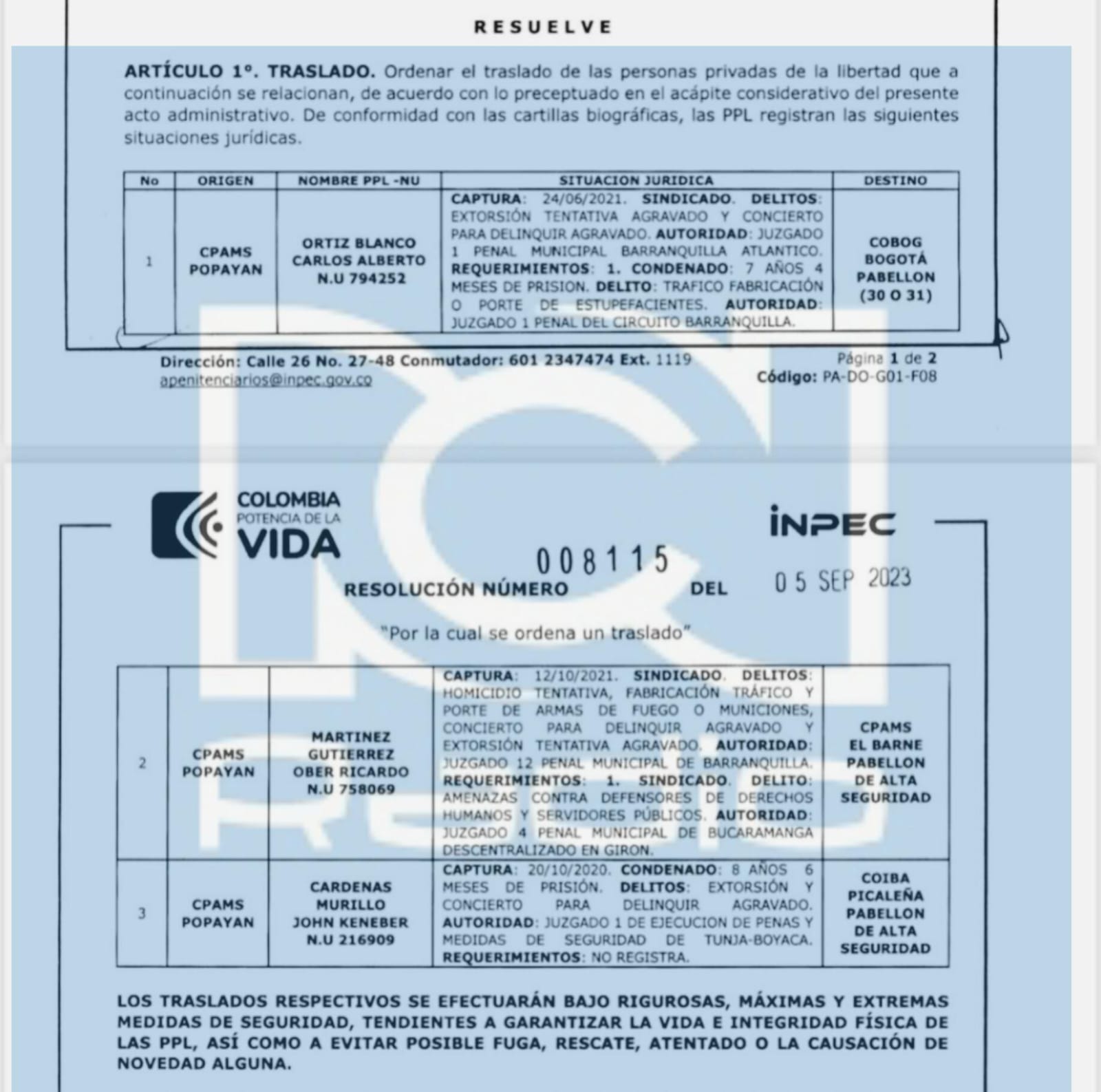 Resolución de traslados Inpec 