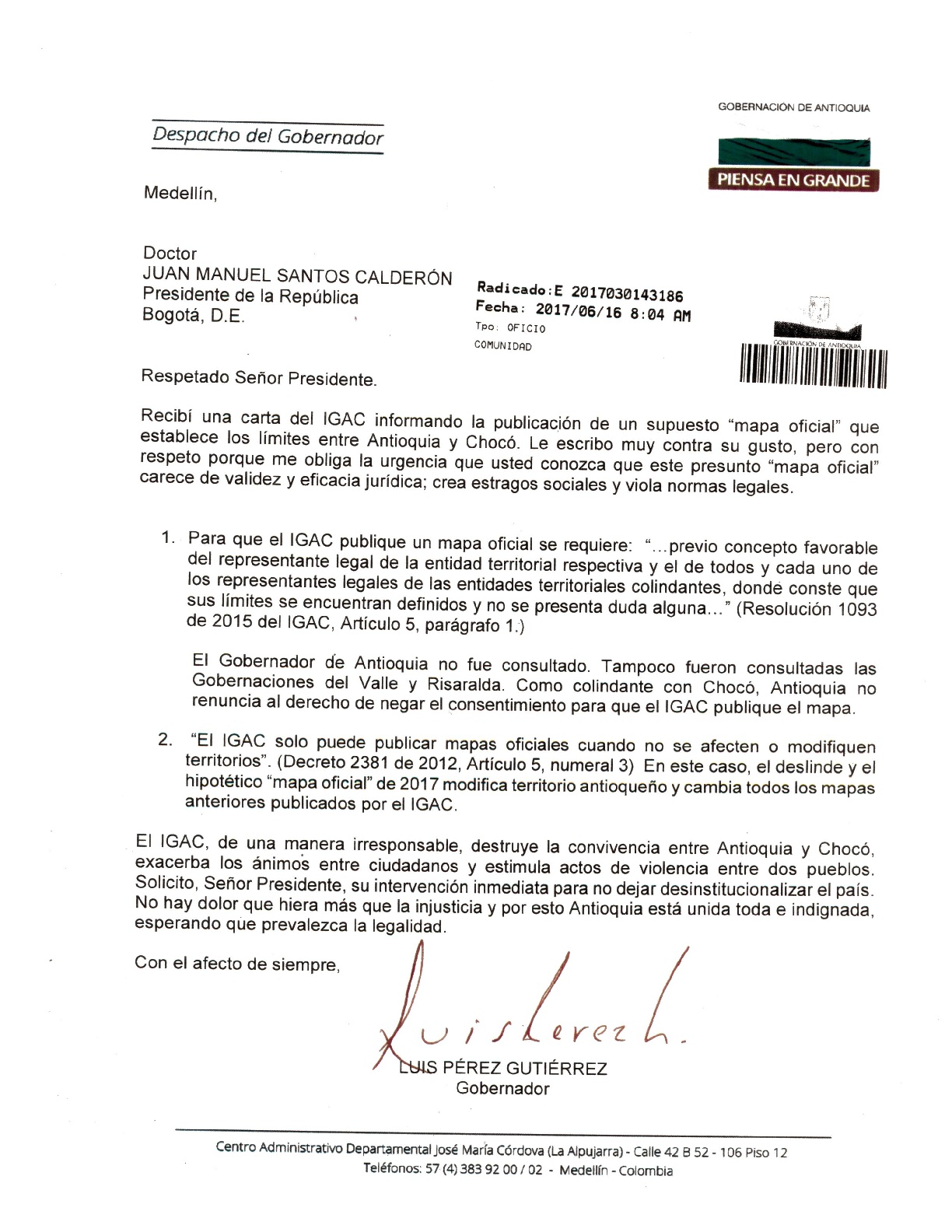 La carta del gobernador Luis Pérez al presidente Santos 