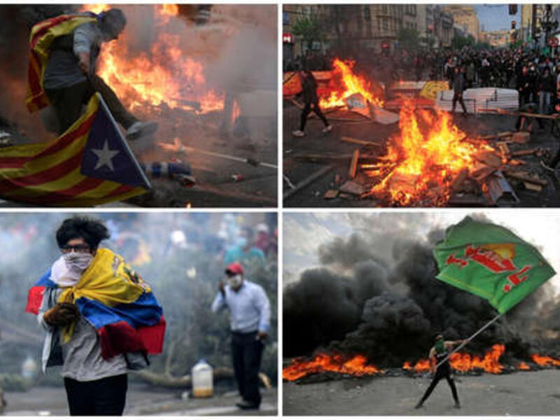 Distintas imágenes de protestas en Cataluña, Argelia, Hong Kong.