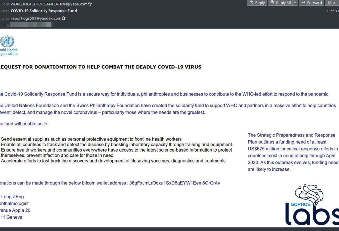 Correo de falso de la OMS