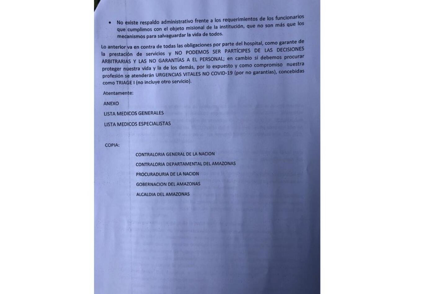 Carta de renuncia médico en Leticia