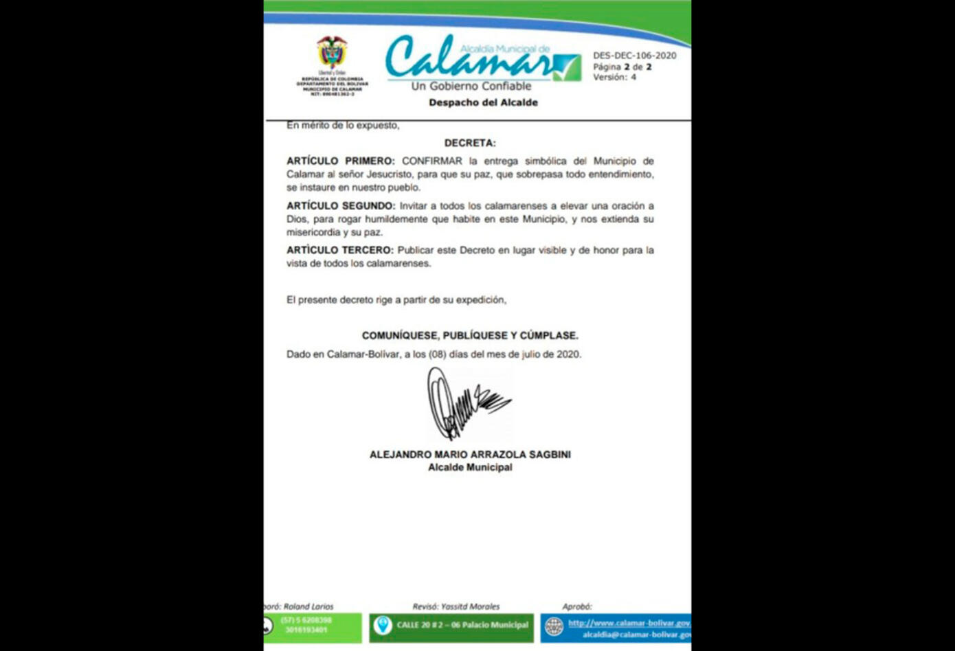Decreto Calamar se entrega a Jesús