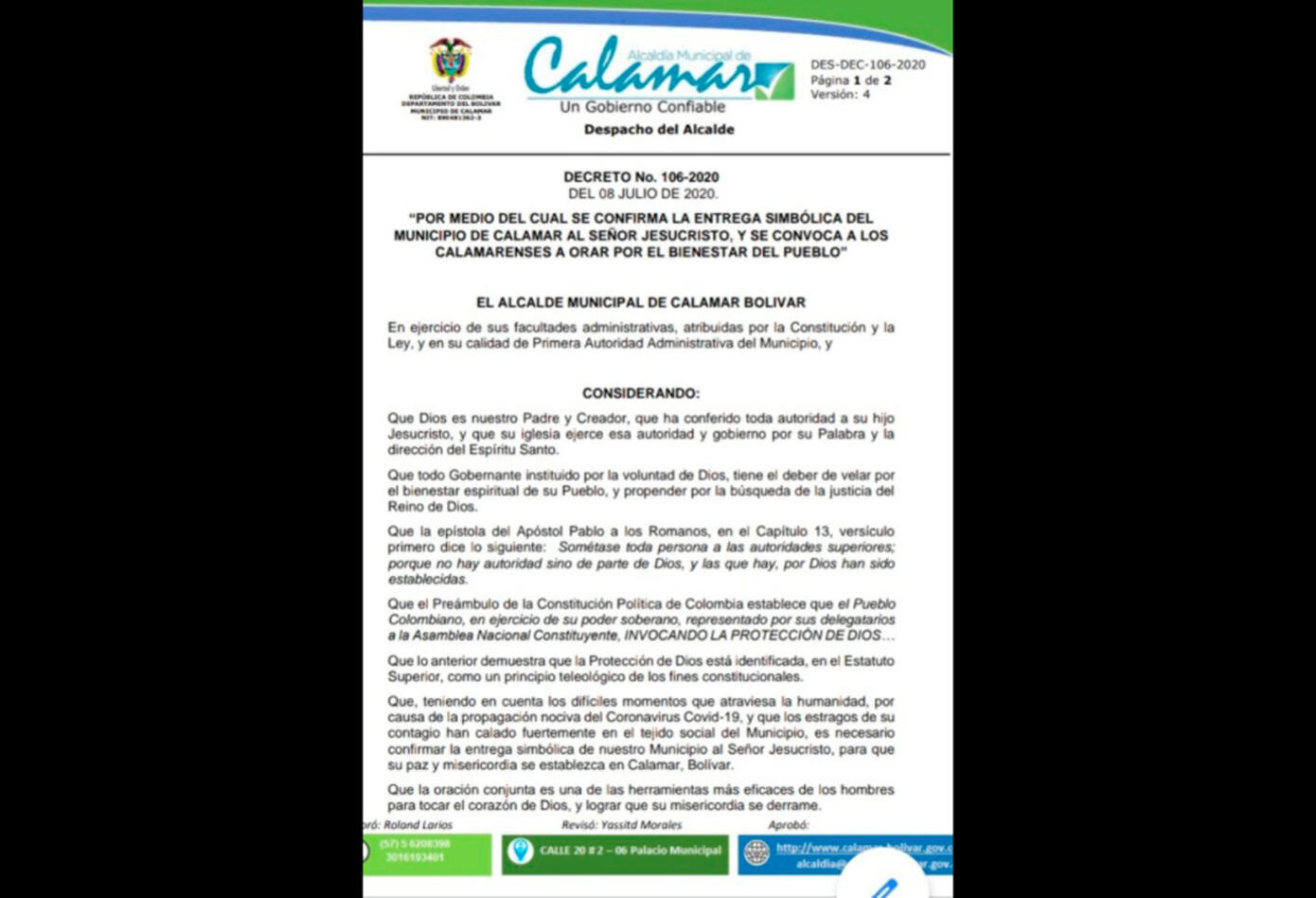 Decreto Calamar se entrega a Jesús