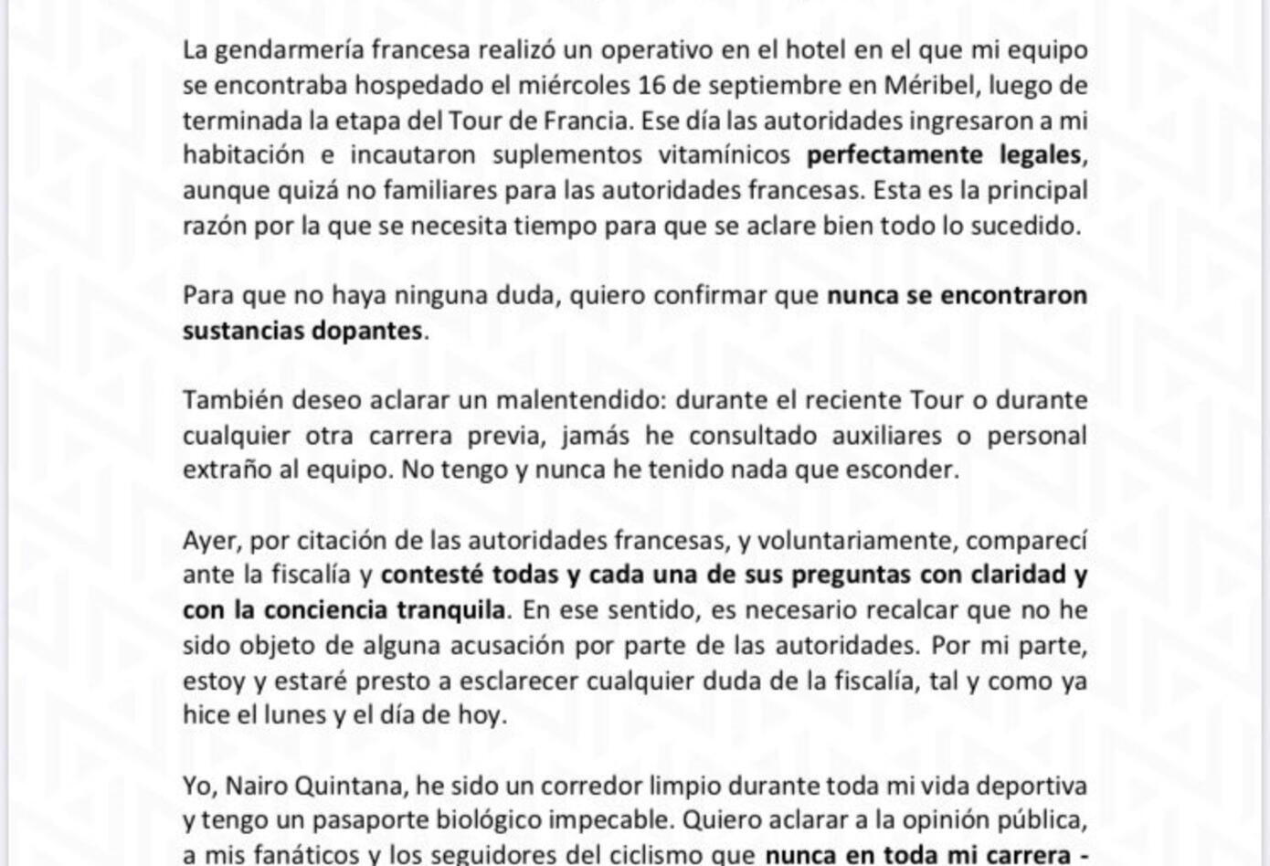 Comunicado Nairo Quintana