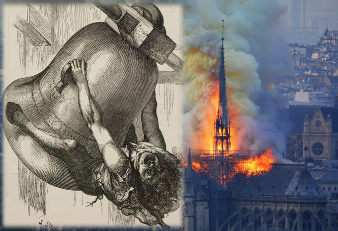 Quasiomodo, de la novela 'Nuestra Señora de París' de Víctor Hugo, y la Catedral de Notre-Dame en llamas