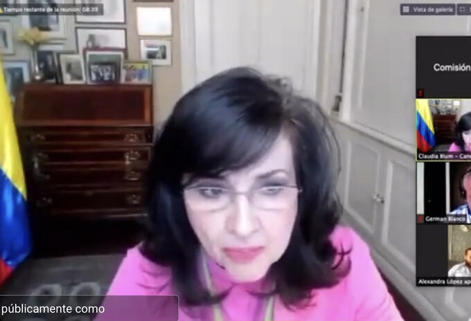 Canciller, Claudia Blum en reunión virtual con la Comisión Segunda del Congreso.