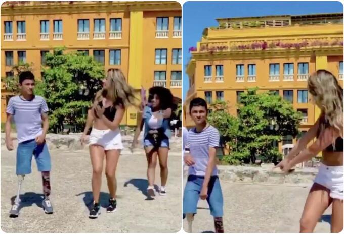 Daniella Álvarez bailando champeta junto a tres jóvenes en Cartagena