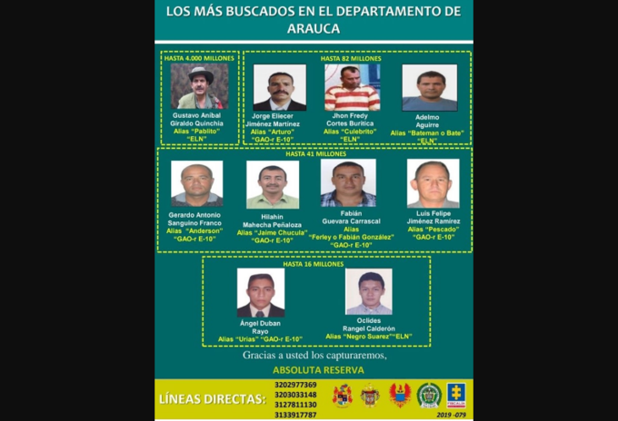 Cartel de los más buscado en Arauca