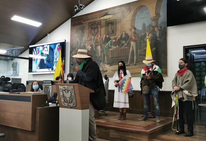 Luis Acosta, coordinador de la guardia indígena, ante el Concejo de Bogotá
