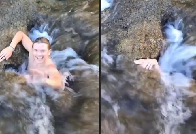 Jóven en tobogán de piedra