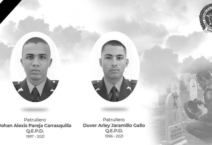 Patrulleros Jhon Pareja Carrasquilla y Duver Jaramillo Gallo, asesinados en Bahía Solano, Chocó.