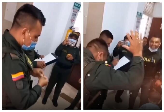 Policía bailando de felicidad