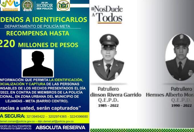 A $220 millones aumentan recompensa por los asesinos de dos policías en el Meta A $220 millones aumentan recompensa por los asesinos de dos policías en el Meta