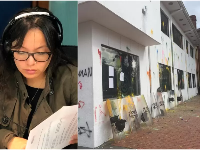 Jennifer Pedraza, líder de la Asociación Colombiana de Representantes Estudiantiles de la Educación Superior, en la cabina de LA FM, de RCN Radio. A la derecha las instalaciones de RCN Radio luego de la marcha estudiantil.