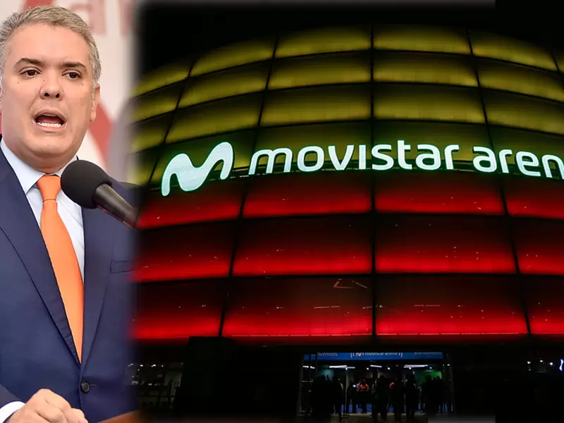 En la foto el presidente Iván Duque y la facha del Movistar Arena En la foto el presidente Iván Duque y la facha del Movistar Arena